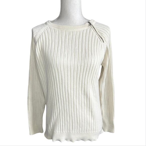 Lauren Ralph Lauren Sweaters - Lauren Ralph Lauren Crewneck Ribbed Zip-Shoulder Sweater Cream preppy cotton